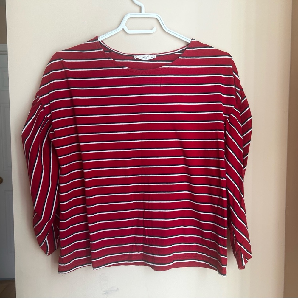 Mango Red and White Striped Long Sleeve Top